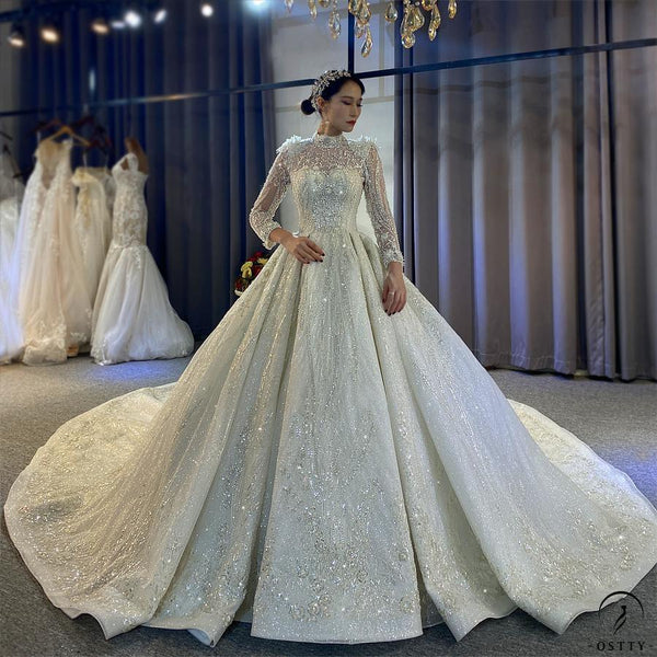 Luxury White Wedding Dress Long Sleeve Ball Gown Crystal Dresses OS856