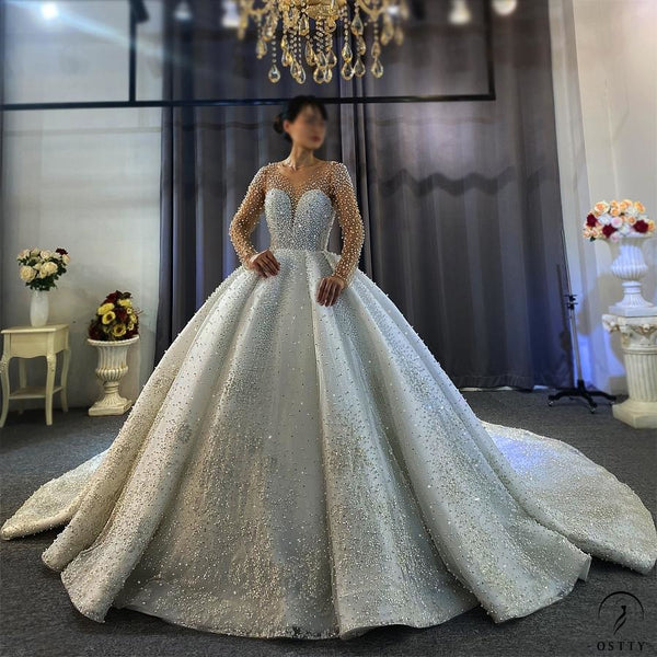 OSTTY - Ostty Luxury White Wedding Dress Long Sleeve Ball Gown Crystal  Dresses OS854 $1,399.99