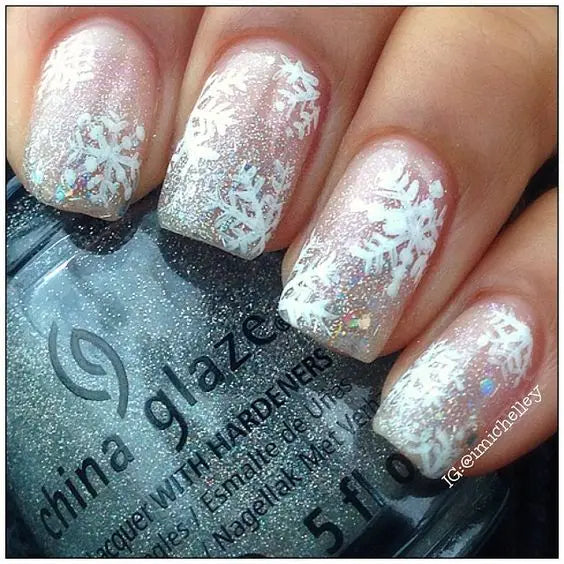 Nude Christmas Snowflakes Nail Art; Christmas nails; cute Christmas nails; Christmas coffin nails; easy Christmas nails; Christmas nails designs;Snowflakes Nails;