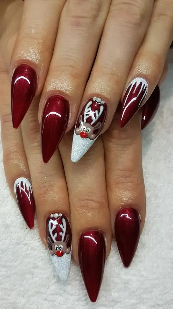 Christmas Nail Art with Deer; Christmas nails; cute Christmas nails; Christmas coffin nails; easy Christmas nails; Christmas nails designs;