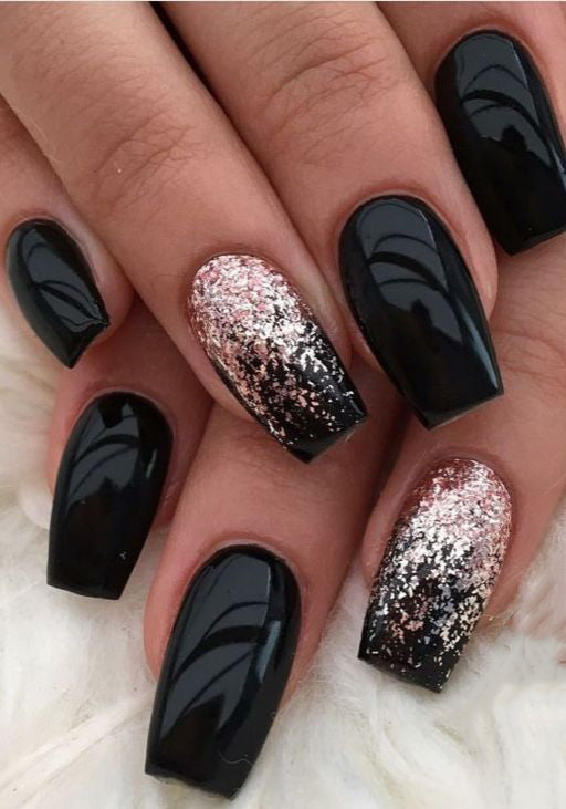 99+ Trending Black Nails Art Manicure Ideas; Black coffin nails; Black acrylic nails; long Black gel nail; short Black nails; Black cute nails; Black matte nails; Black glitter nails.