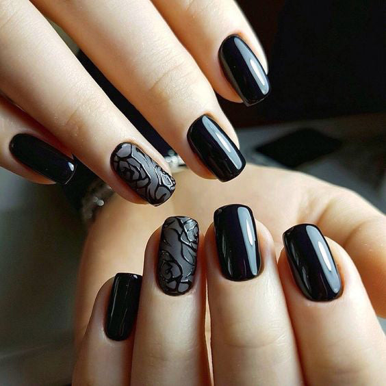 99+ Trending Black Nails Art Manicure Ideas; Black coffin nails; Black acrylic nails; long Black gel nail; short Black nails; Black cute nails; Black matte nails; Black glitter nails.