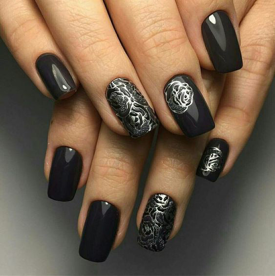 99+ Trending Black Nails Art Manicure Ideas; Black coffin nails; Black acrylic nails; long Black gel nail; short Black nails; Black cute nails; Black matte nails; Black glitter nails.