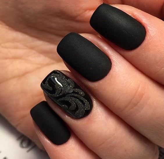 99+ Trending Black Nails Art Manicure Ideas; Black coffin nails; Black acrylic nails; long Black gel nail; short Black nails; Black cute nails; Black matte nails; Black glitter nails.