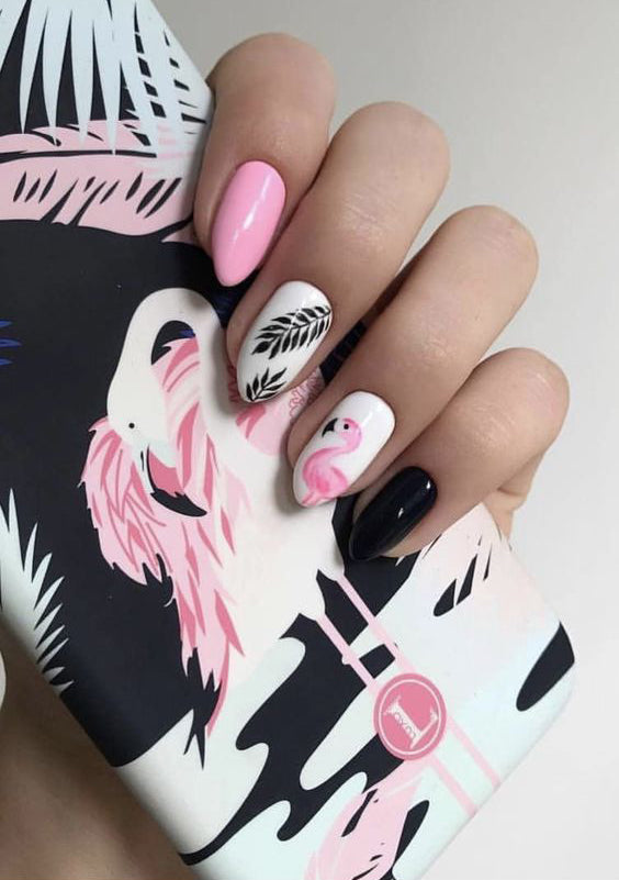 20+ Flamingo Tropical Nail Art; Flamingo nails; design de unhas; Геометрия Дизайн ногтей; Дизайн ногтей; Pink nails; Summer nails; Beach nails; Vocation nails; nail shop; nail salon; simple nails;