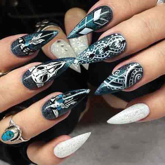 Mandala Stiletto Nails; Christmas nails; cute Christmas nails; Christmas coffin nails; easy Christmas nails; Christmas nails designs;