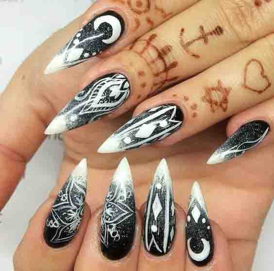 Mandala Stiletto Nails; Christmas nails; cute Christmas nails; Christmas coffin nails; easy Christmas nails; Christmas nails designs;