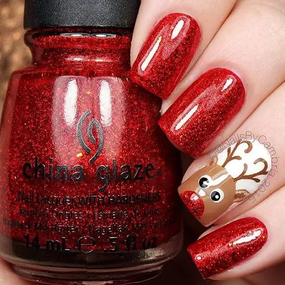 Christmas Nail Art with Deer; Christmas nails; cute Christmas nails; Christmas coffin nails; easy Christmas nails; Christmas nails designs;