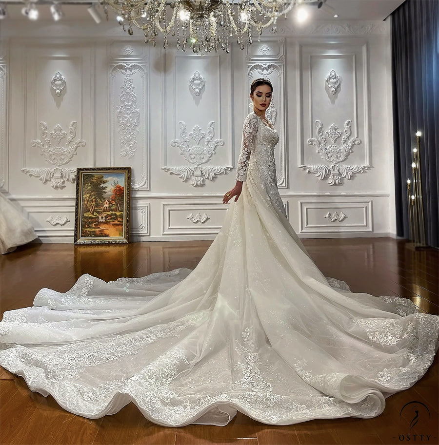 OSTTY - Appliques Detachable Train Lace Mermaid Wedding Dress