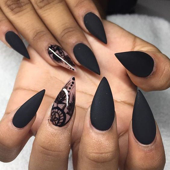 Best Black Stiletto Nails Designs For Your Halloween； Black nails; black stiletto nails; black and white; stiletto nails; long nails; nails addict; nails magazine; gothic nails; Halloween nails