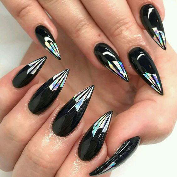 Best Black Stiletto Nails Designs For Your Halloween； Black nails; black stiletto nails; black and white; stiletto nails; long nails; nails addict; nails magazine; gothic nails; Halloween nails