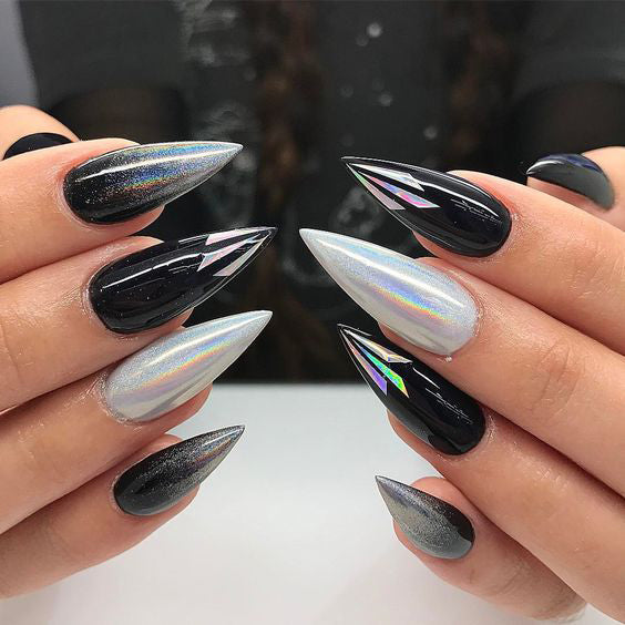 Best Black Stiletto Nails Designs For Your Halloween； Black nails; black stiletto nails; black and white; stiletto nails; long nails; nails addict; nails magazine; gothic nails; Halloween nails