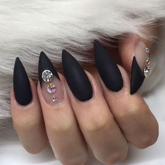 Best Black Stiletto Nails Designs For Your Halloween； Black nails; black stiletto nails; black and white; stiletto nails; long nails; nails addict; nails magazine; gothic nails; Halloween nails