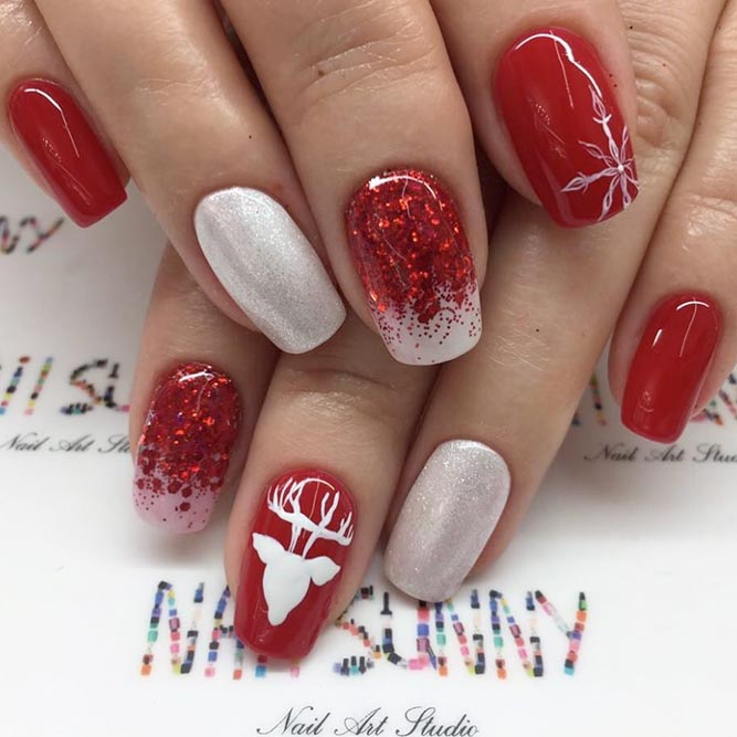 Christmas Nail Art with Deer; Christmas nails; cute Christmas nails; Christmas coffin nails; easy Christmas nails; Christmas nails designs;