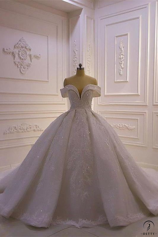 OSTTY - Luxury beading Appliques Short Sleeve Wedding Dress With Train ...