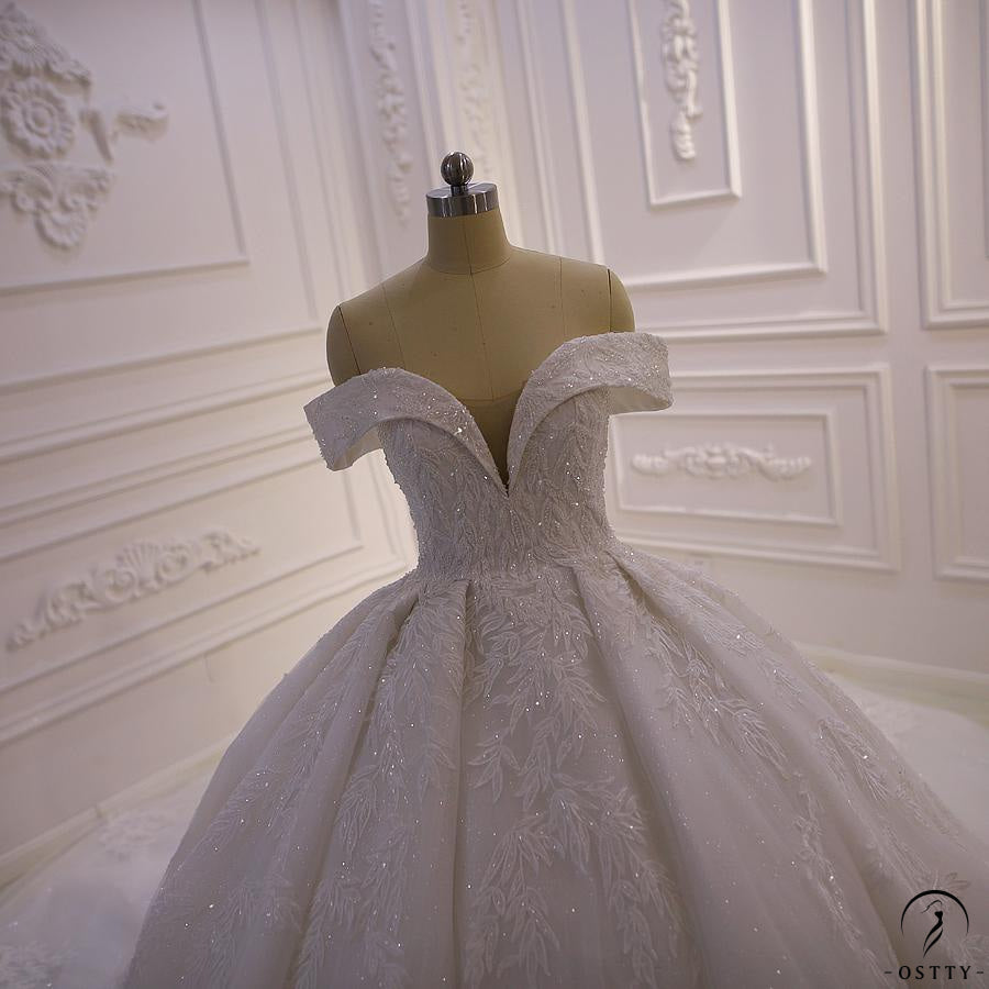 OSTTY - Luxury beading Appliques Short Sleeve Wedding Dress With Train ...