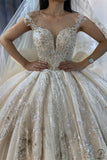 Luxury Champagne Wedding Dress Long Sleeve Hign Neck Full Beading Ball Gown OS3977 - Luxury wedding dress $1,699.99