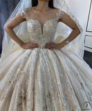 Luxury Champagne Wedding Dress Long Sleeve Hign Neck Full Beading Ball Gown OS3977 - Luxury wedding dress $1,699.99