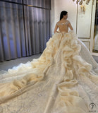 Luxury Champagne Wedding Dress Long Sleeve Hign Neck Full Beading Ball Gown OS3977 - Luxury wedding dress $1,699.99