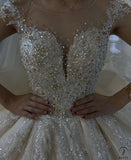 Luxury Champagne Wedding Dress Long Sleeve Hign Neck Full Beading Ball Gown OS3977 - Luxury wedding dress $1,699.99