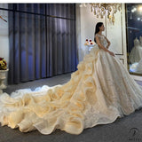 Luxury Champagne Wedding Dress Long Sleeve Hign Neck Full Beading Ball Gown OS3977 - Luxury wedding dress $1,699.99