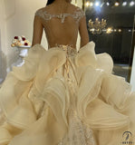 Luxury Champagne Wedding Dress Long Sleeve Hign Neck Full Beading Ball Gown OS3977 - Luxury wedding dress $1,699.99