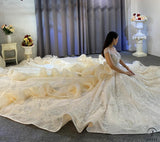 Luxury Champagne Wedding Dress Long Sleeve Hign Neck Full Beading Ball Gown OS3977 - Luxury wedding dress $1,699.99