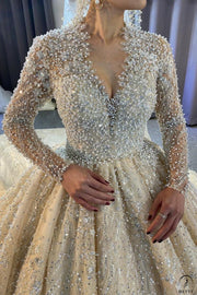 Luxury Long Sleeve V Neck beading Wedding Dress OS784