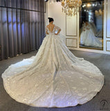 Luxury White Wedding Dress Long Sleeve Full Beading Flower Ball Gown