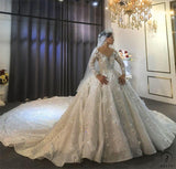 Luxury White Wedding Dress Long Sleeve Full Beading Flower Ball Gown