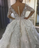 Luxury White Wedding Dress Long Sleeve Full Beading Flower Ball Gown