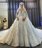 Luxury White Wedding Dress Long Sleeve Full Beading Flower Ball Gown