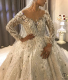 Luxury White Wedding Dress Long Sleeve Full Beading Flower Ball Gown