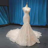 off-Shoulder Bridal Waist Fishtail Wedding Dress Fashionable Korean Lace Small Tail - White/skin color bottom / Customized Service - $499.99