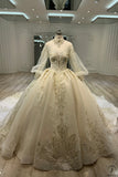 Ostty Champagne Luxury Long Trail Flower Wedding Dress OS772 - $959.99