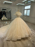 Ostty Luxury Champagne Short Sleeves Wedding Dress