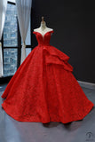 Red Bridal off-Shoulder Sequined Lace Pettiskirt Fashionable Floor-Length High Waist Temperament Banquet Evening Dress - Red / Customized 