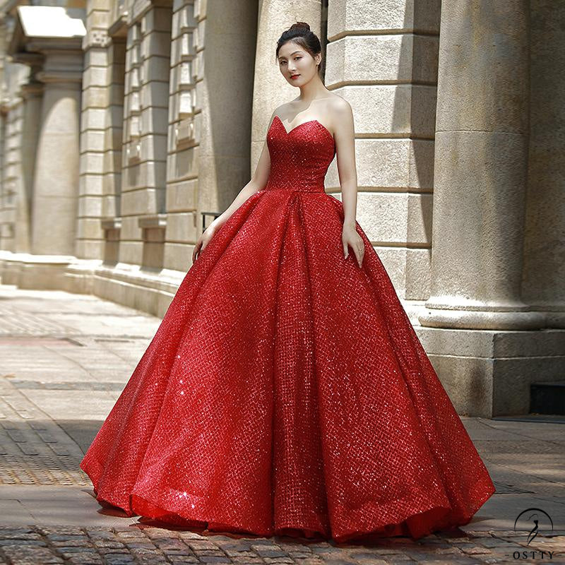 OSTTY - Red Bridal Wedding Korean Style Tube Top Red Wedding Dress  Youyagongzhu Floor-Length