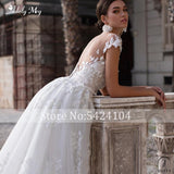 Scoop Neck Cap Sleeve Mermaid Wedding Dresses Appliques Detachable Train Dress - $543.88