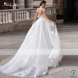 Scoop Neck Cap Sleeve Mermaid Wedding Dresses Appliques Detachable Train Dress - $532.78