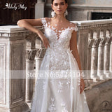 Scoop Neck Cap Sleeve Mermaid Wedding Dresses Appliques Detachable Train Dress - $543.88