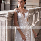 Scoop Neck Cap Sleeve Mermaid Wedding Dresses Appliques Detachable Train Dress - $543.88