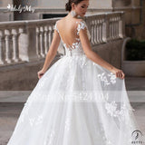 Scoop Neck Cap Sleeve Mermaid Wedding Dresses Appliques Detachable Train Dress - $543.88