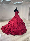 Strapless Wine Red Dress Ball Gown Ruffle Party Dresses OS01005 - Red Wedding Dress $699.99