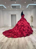 Strapless Wine Red Dress Ball Gown Ruffle Party Dresses OS01005 - Red Wedding Dress $699.99