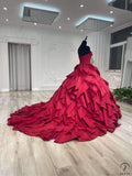 Strapless Wine Red Dress Ball Gown Ruffle Party Dresses OS01005 - Red Wedding Dress $699.99