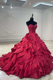 Strapless Wine Red Dress Ball Gown Ruffle Party Dresses OS01005