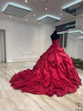 Strapless Wine Red Dress Ball Gown Ruffle Party Dresses OS01005 - Red Wedding Dress $699.99