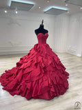 Strapless Wine Red Dress Ball Gown Ruffle Party Dresses OS01005 - Red Wedding Dress $699.99