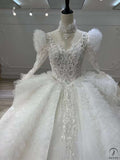 White Long Sleeve V neck Long Train Wedding Dress OSL202202 - Wedding & Bridal Party Dresses $899.99